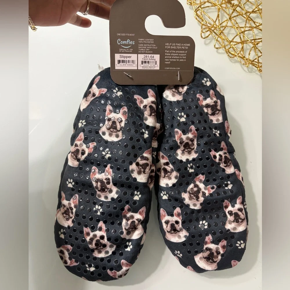 Dog Print Slippers - Navy and White